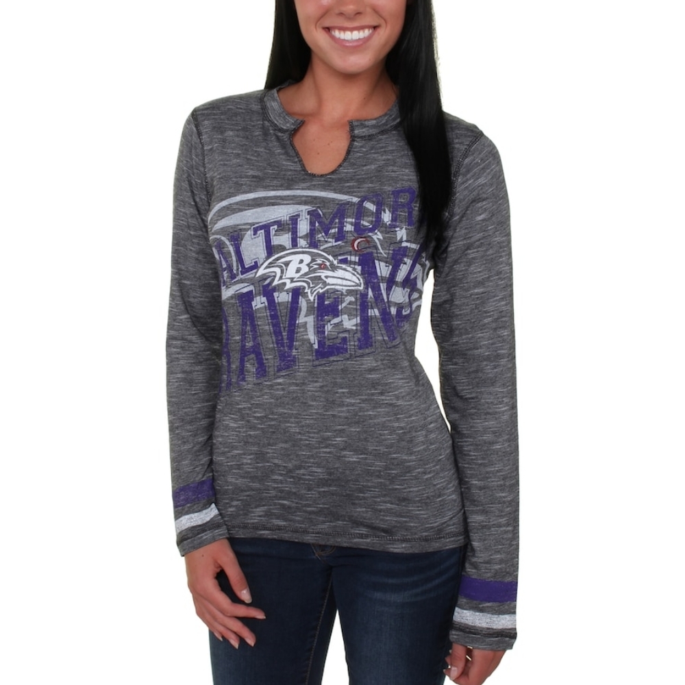 Women's Baltimore Ravens Majestic Black Gametime Gal V-Neck Long Sleeve T-Shirt
